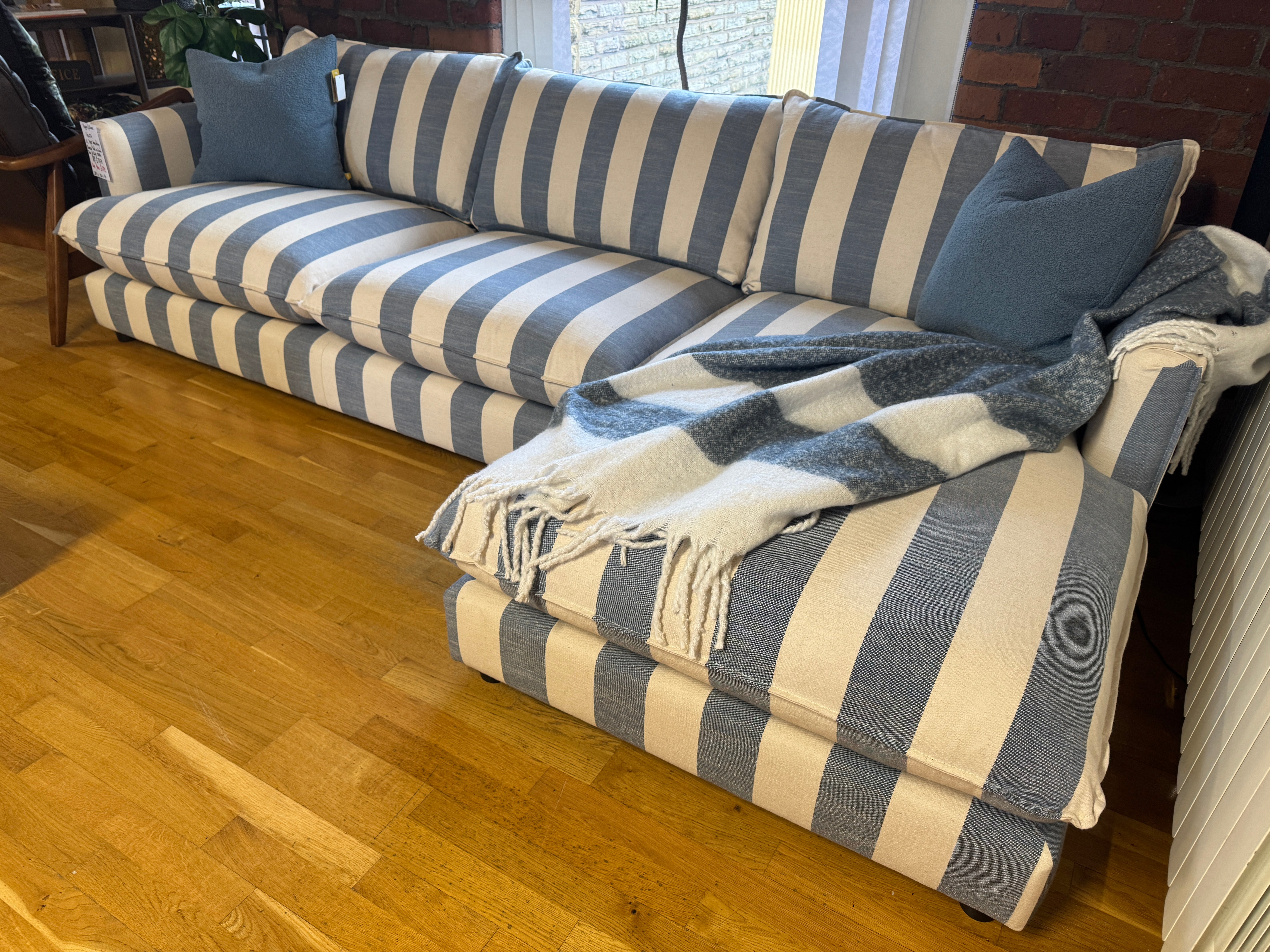Howth XL Right facing chaise sofa in denim blue & white stripe fabric