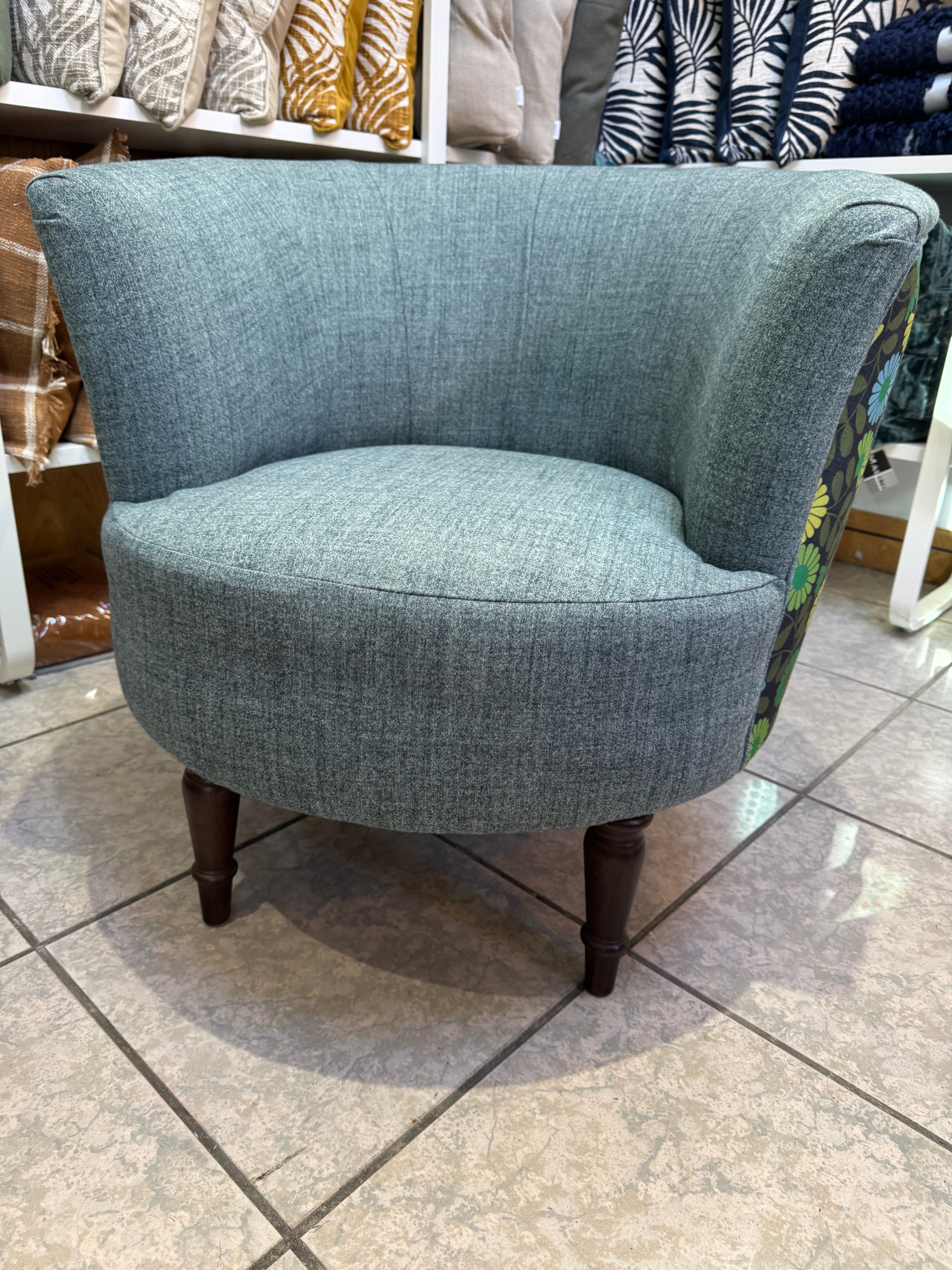 Orla Kiely Lily round tub chair in teal and multi daisy print fabric