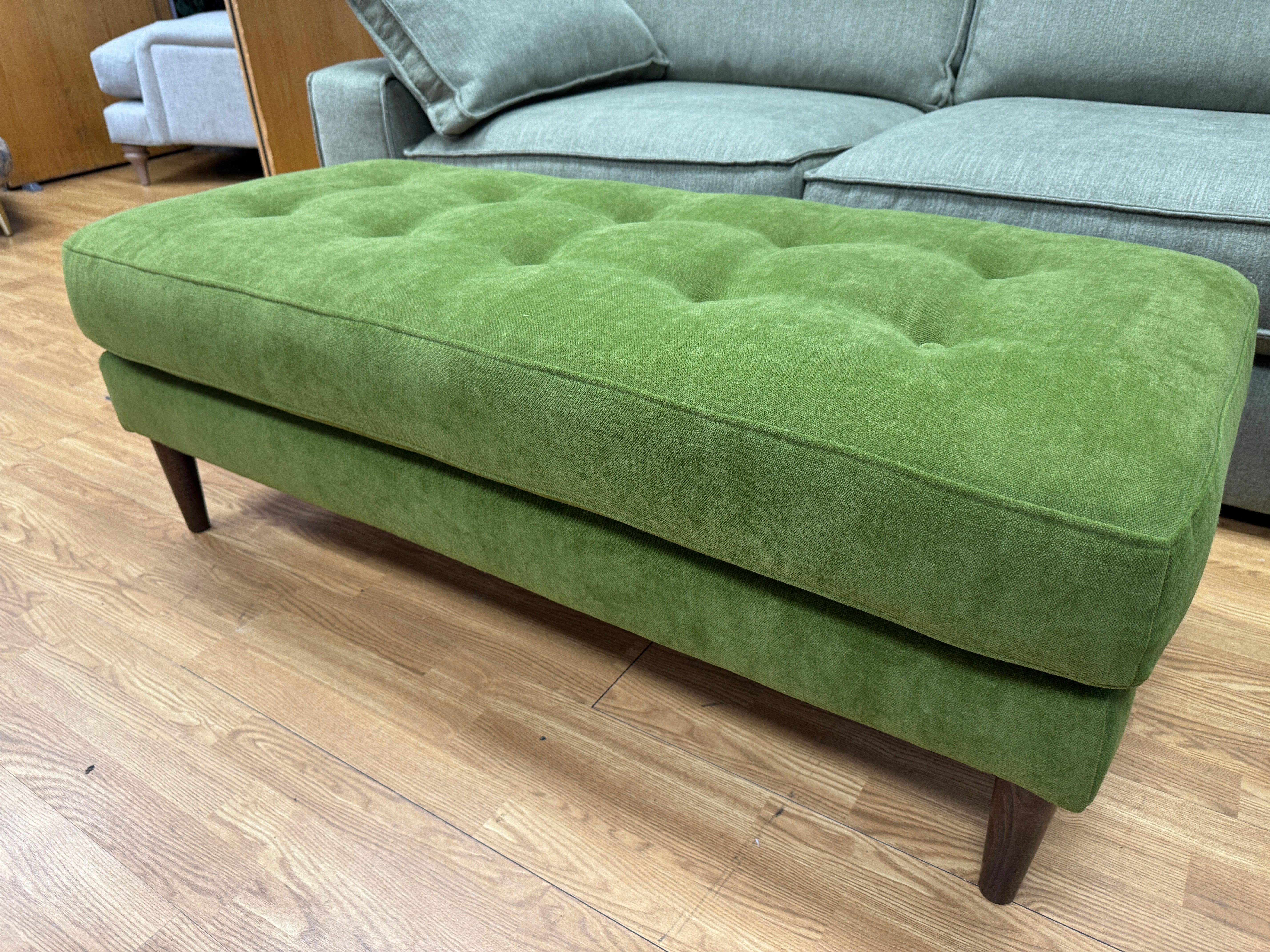 Orla Kiely Sample bench style button top footstool in apple green velvet fabric RRP £399