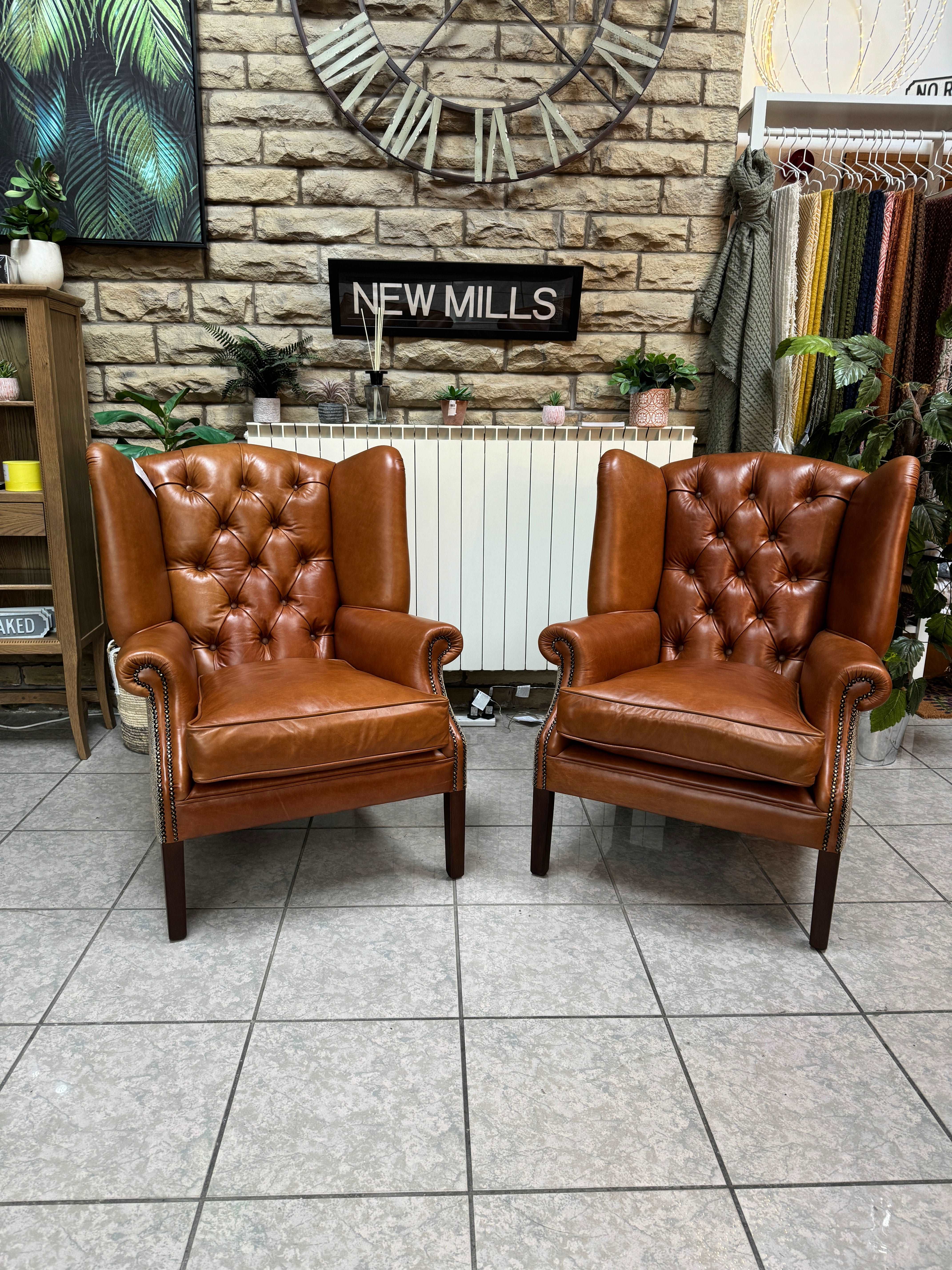 BUCKINGHAM Wing Armchair in Half Dark Caramel Leather & Harris Tweed fabric