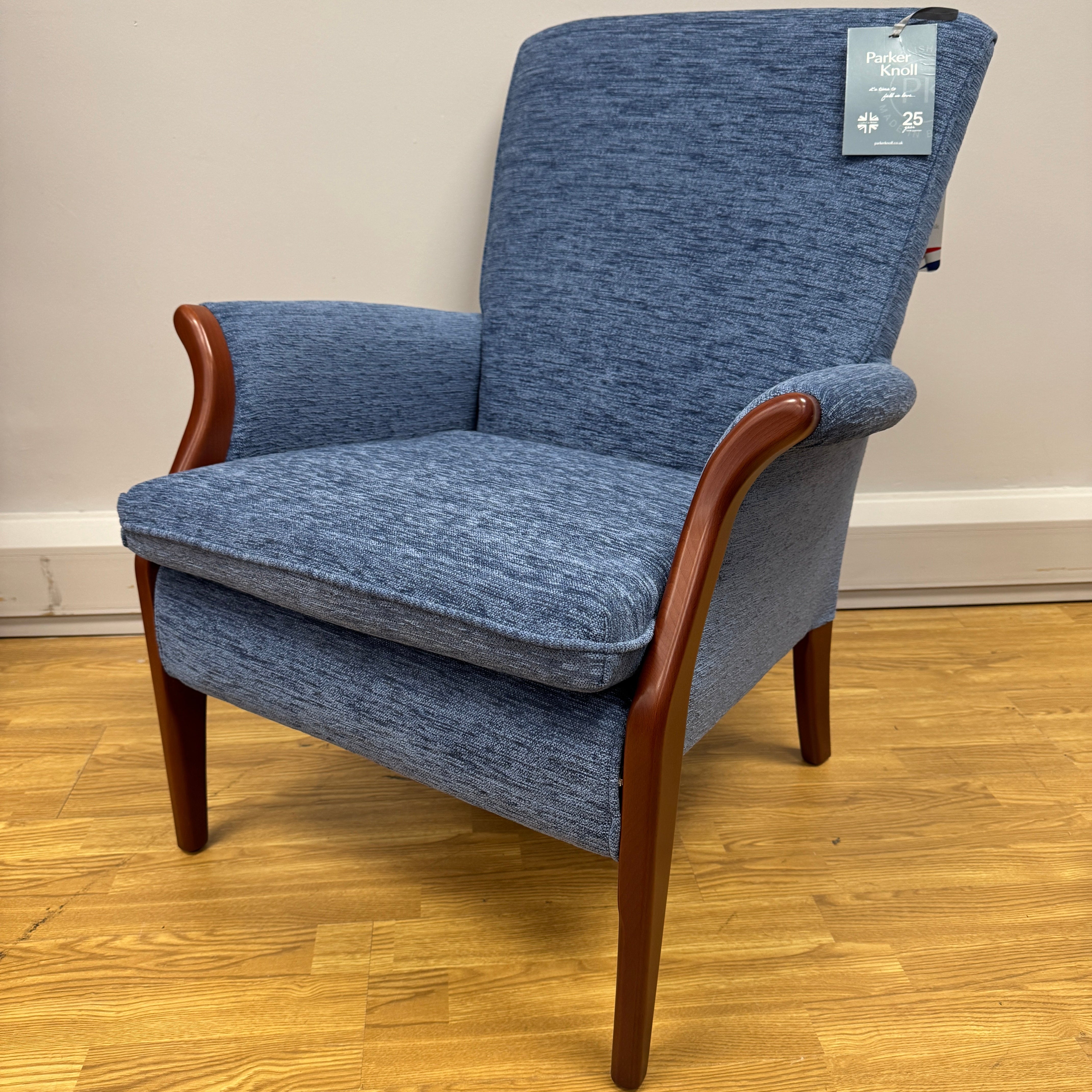 Parker Knoll Froxfield fireside chair in marine blue fabric with cherry wood frame