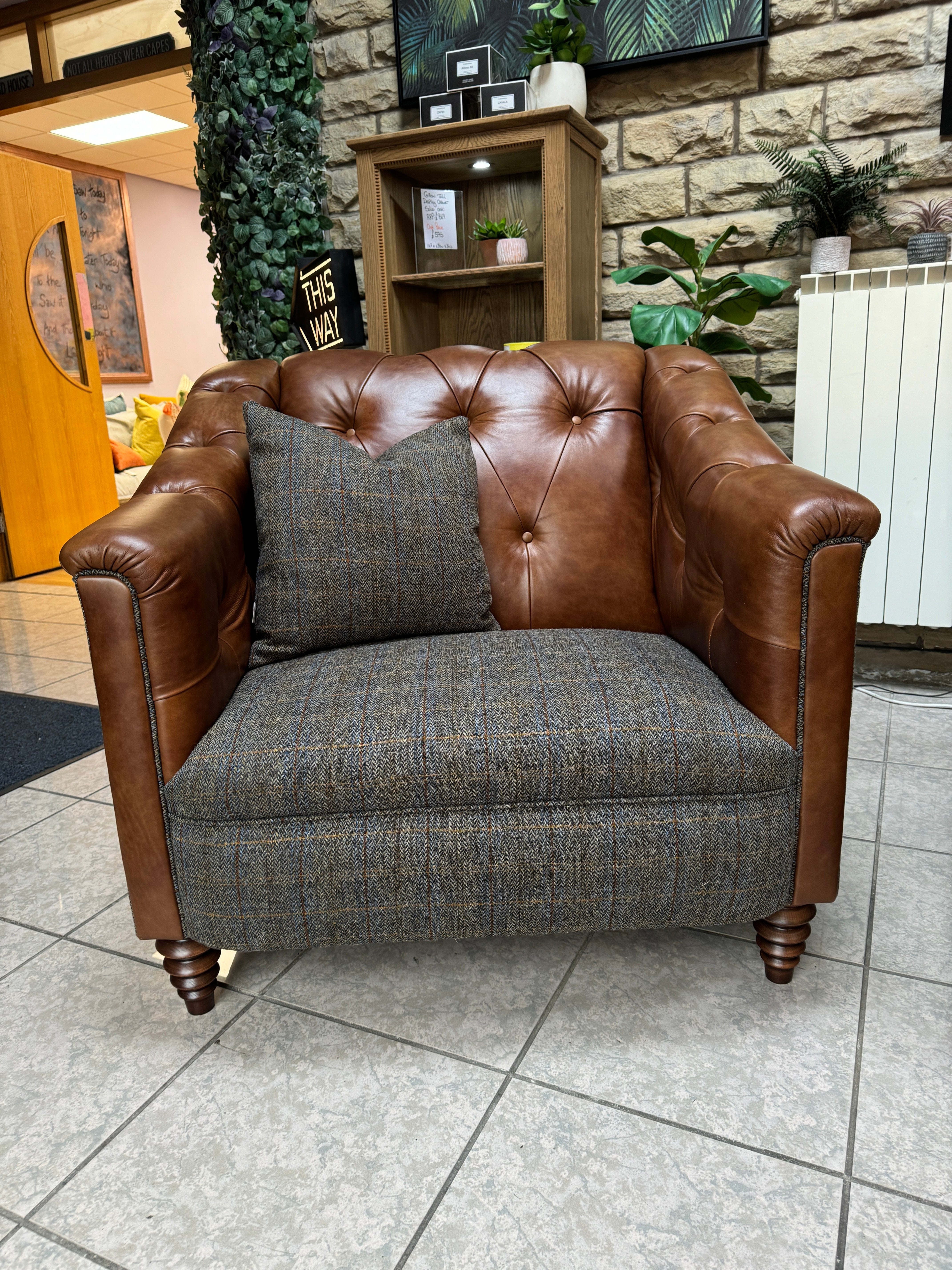 PLANTATION large Buttoned Back Armchair in Antique Whiskey Brown Leather & Harris Tweed fabric