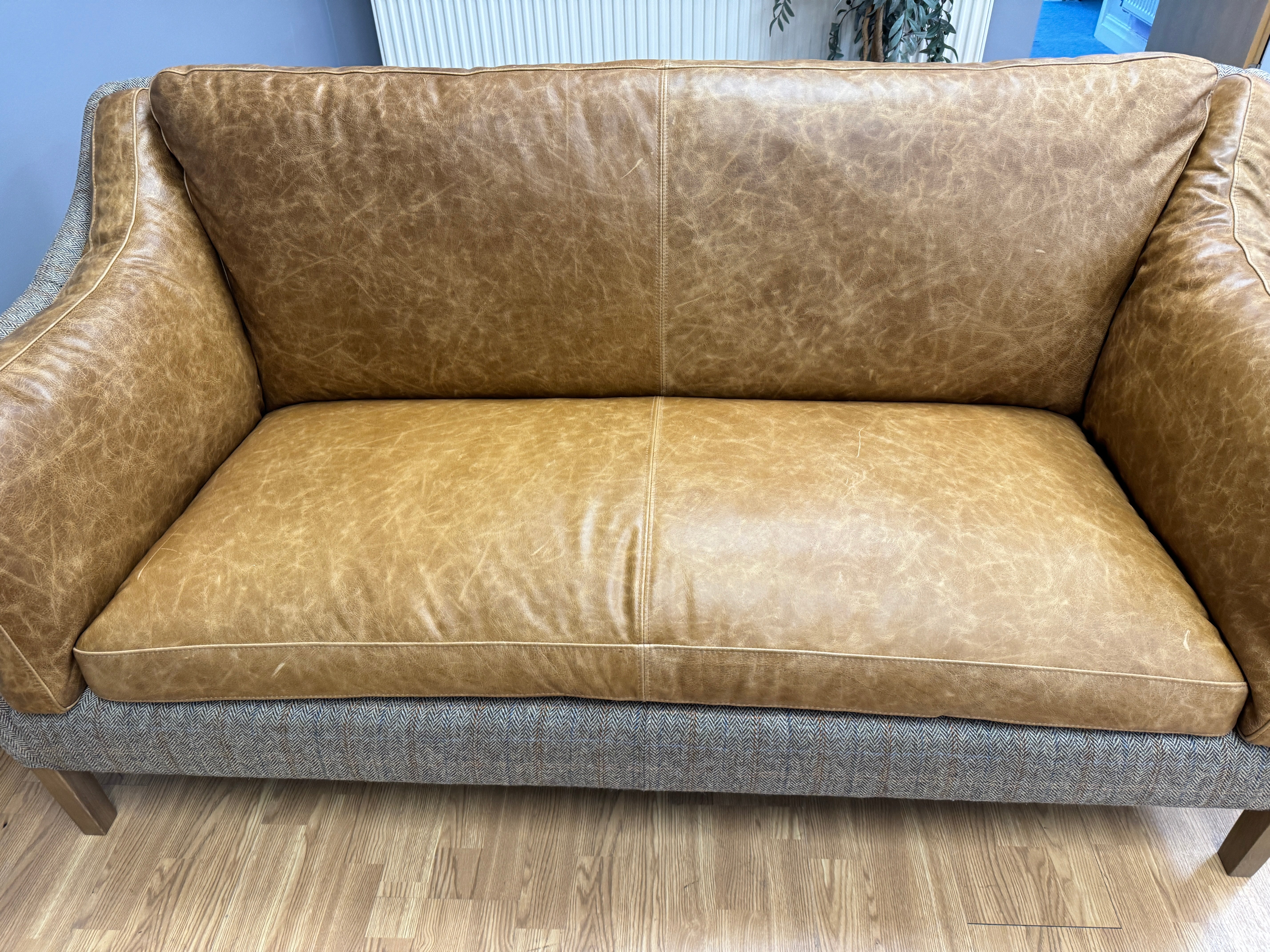 VINTAGE SOFA CO MALONE 2 Seater Large Sofa in Tan Leather & Harris Tweed fabric