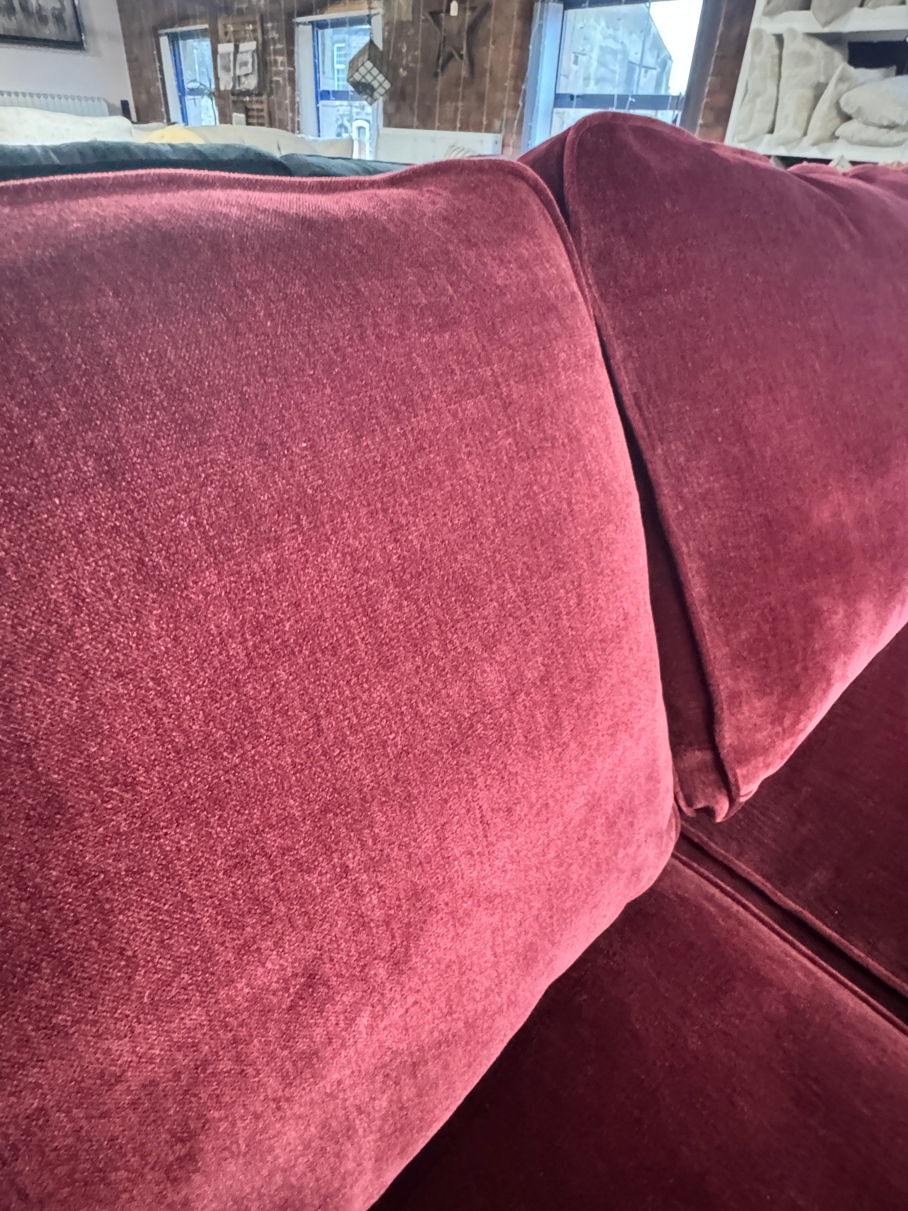 Finchley right facing 2 piece chaise sofa in Mulberry red chenille fabric