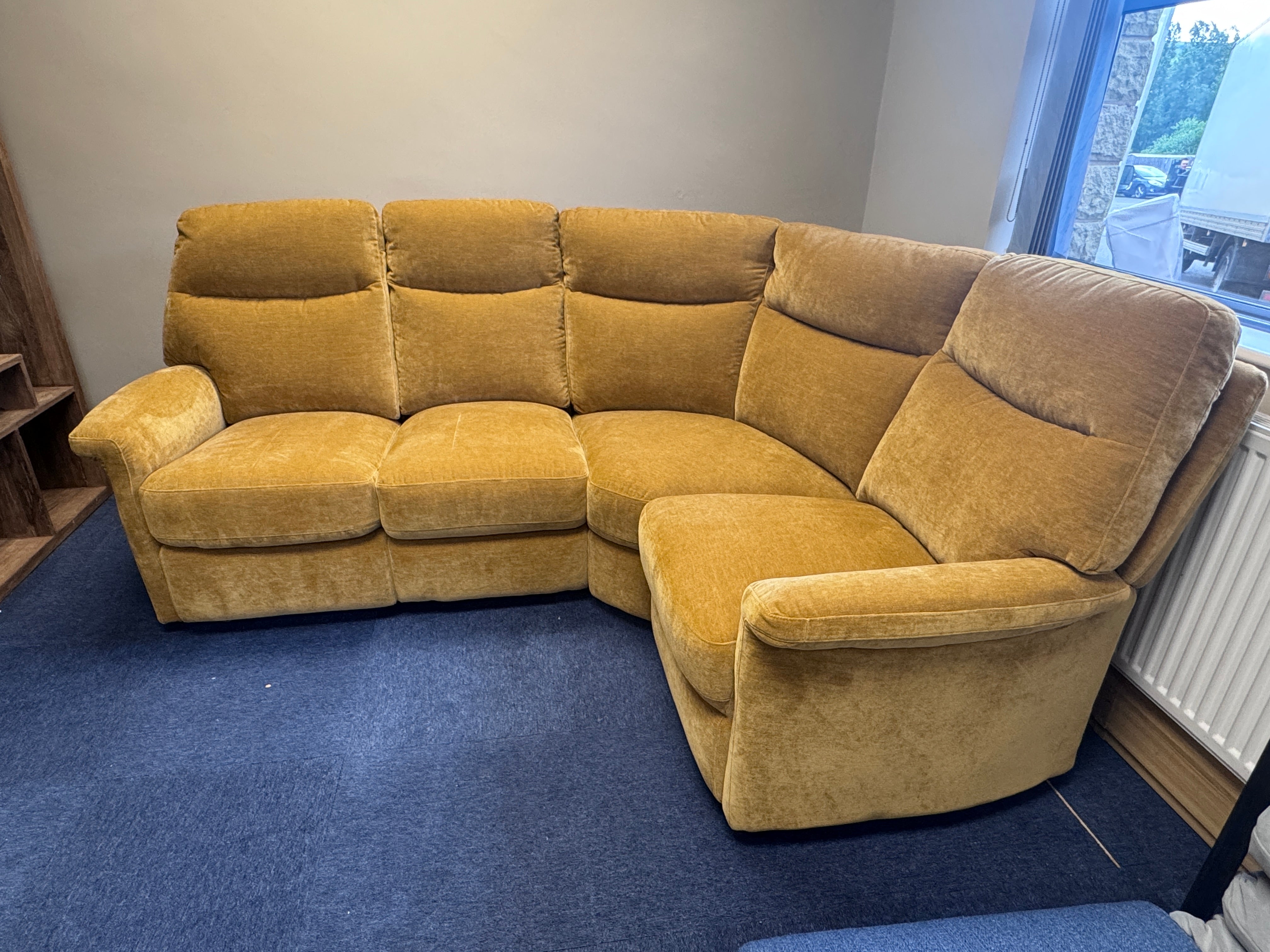 Snug Right facing electric reclining 3 piece corner sofa in mustard velvet fabric