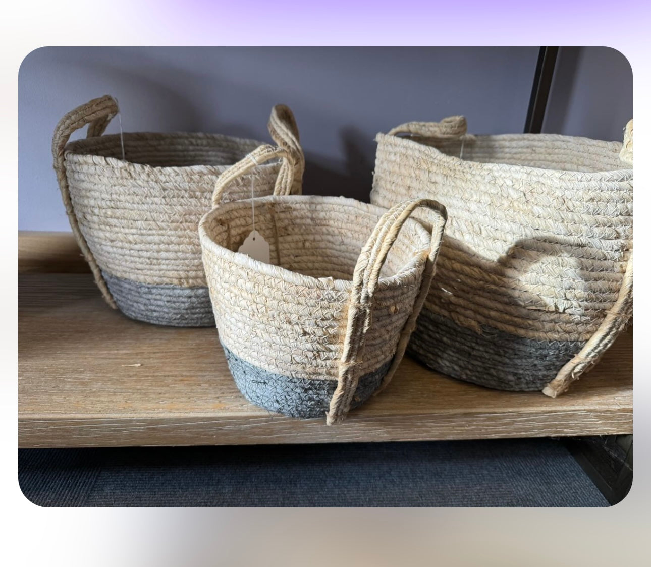 Large & Medium Grey & White Rustic Weaved Storage Baskets with Handles