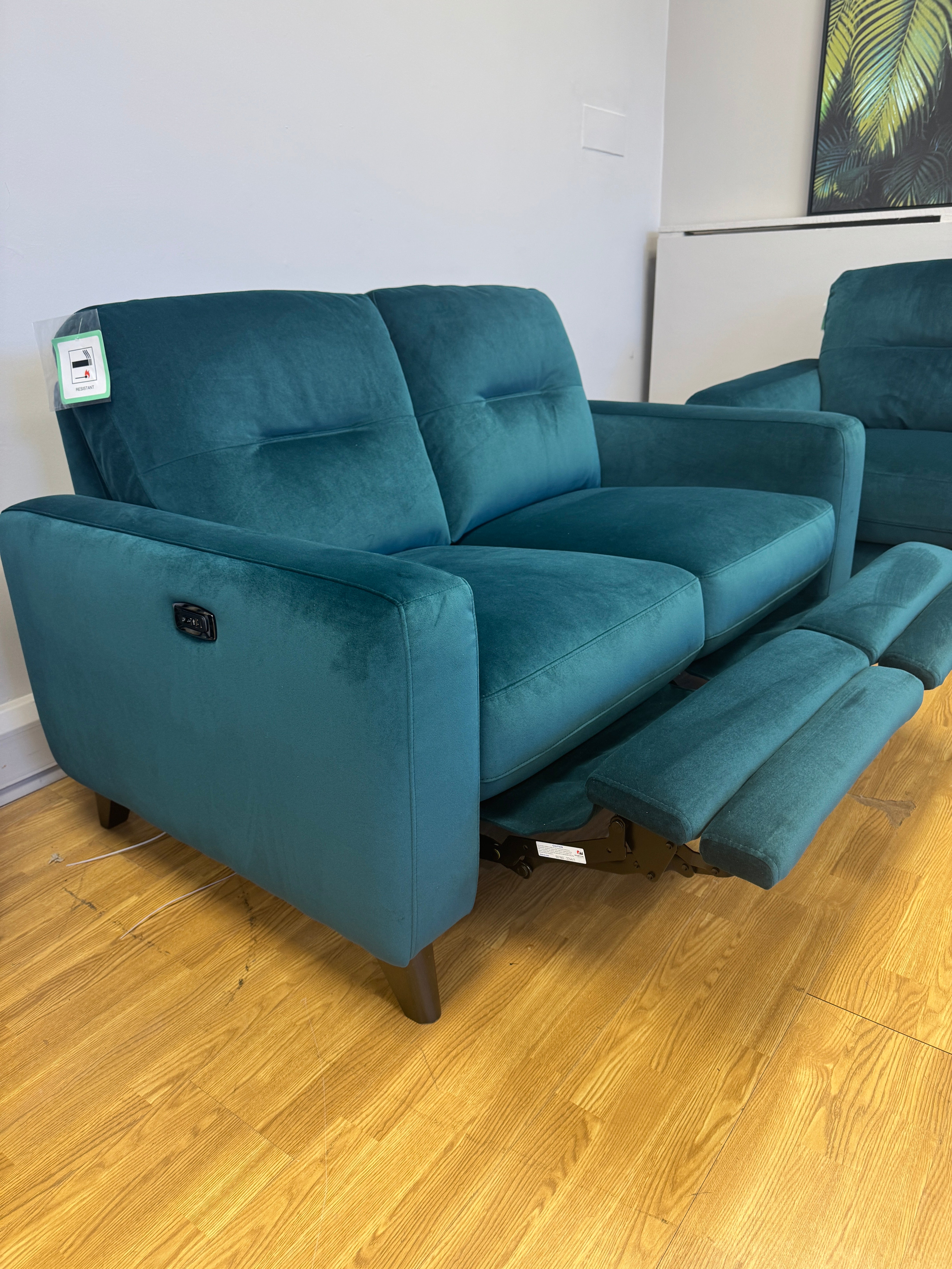 Elmo 2 seater sofa with electric incline footrest in Lumino teal velvet (matching pair available)