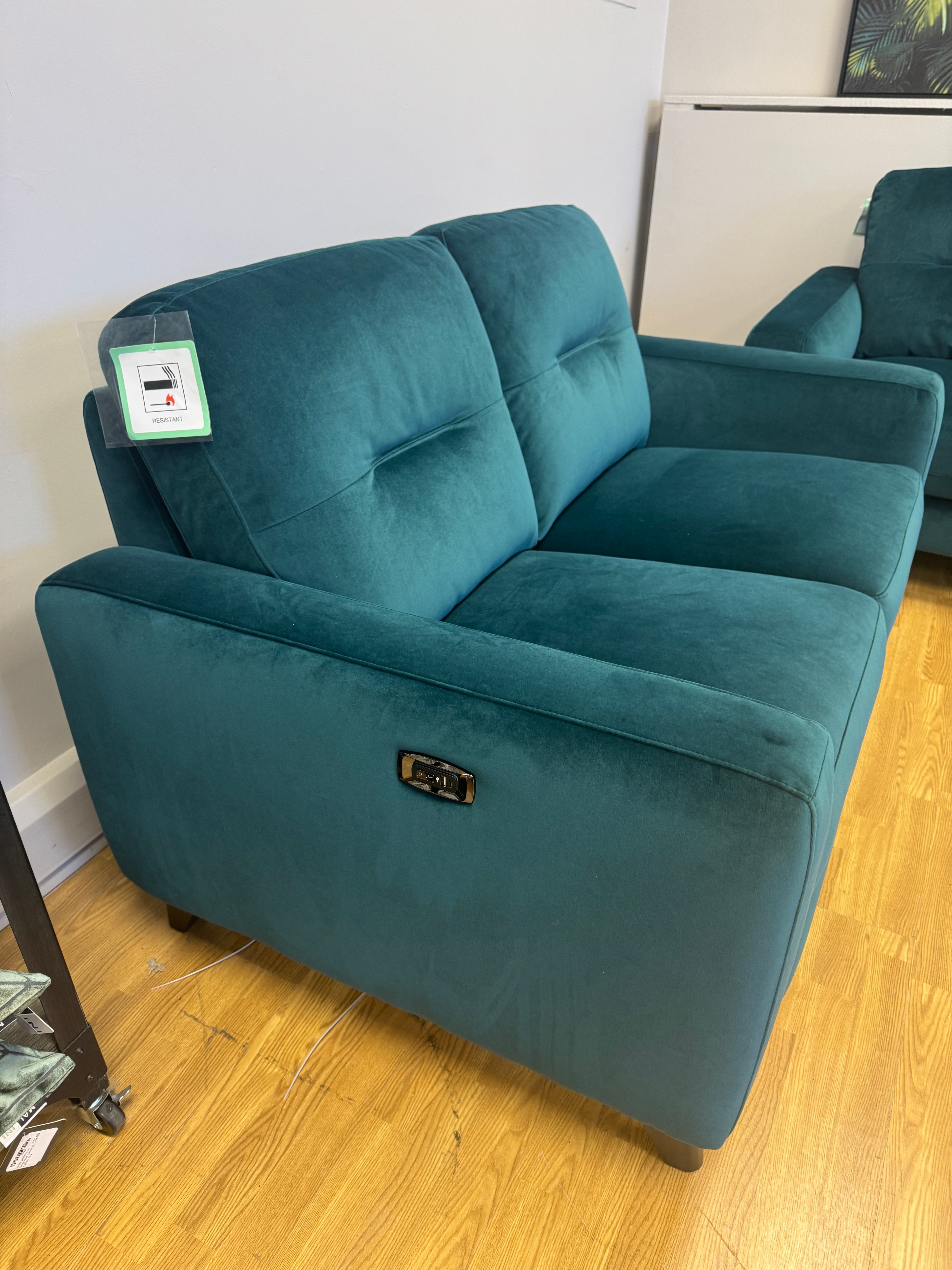 Elmo 2 seater sofa with electric incline footrest in Lumino teal velvet (matching pair available)