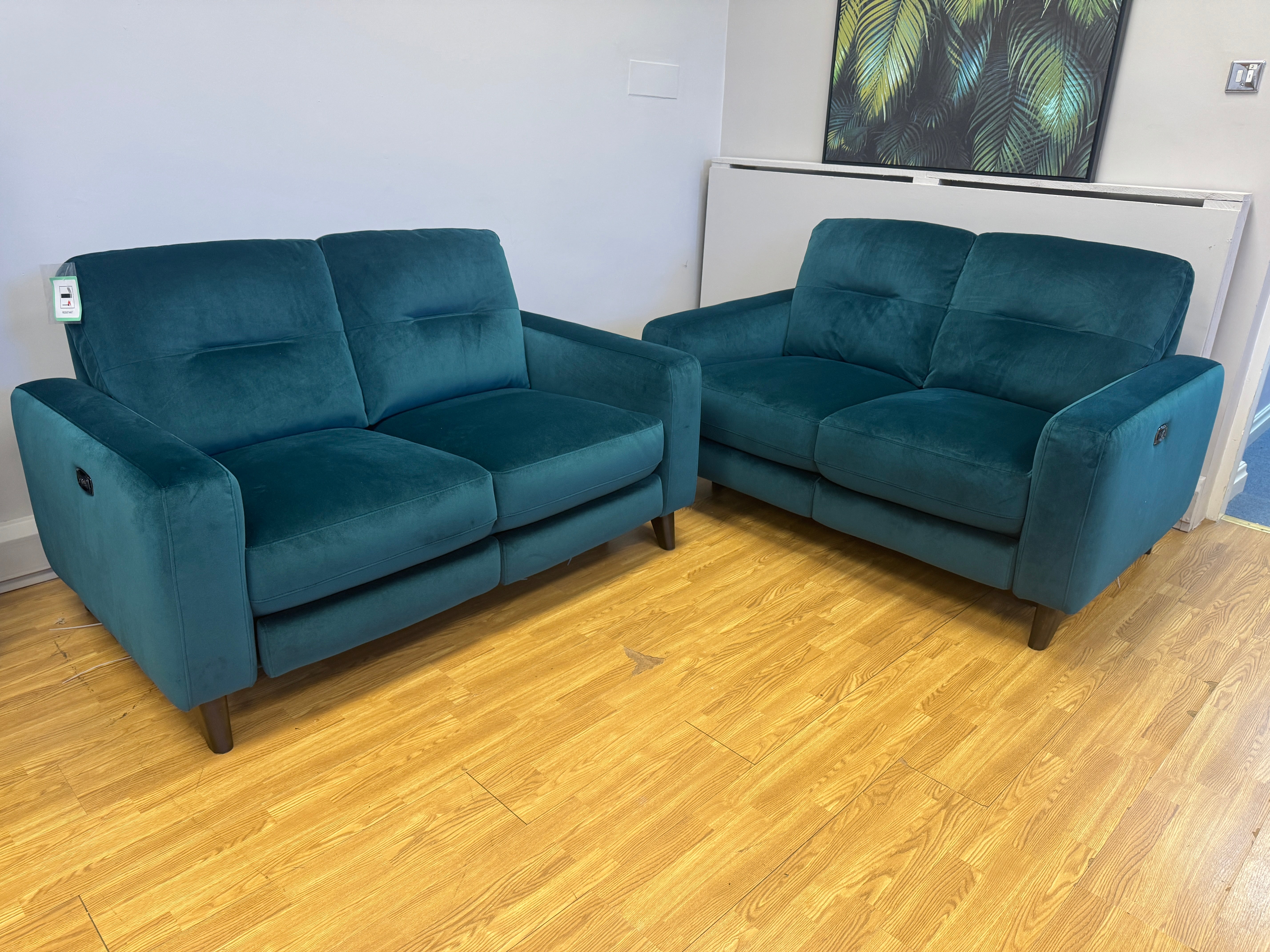 Elmo 2 seater sofa with electric incline footrest in Lumino teal velvet (matching pair available)