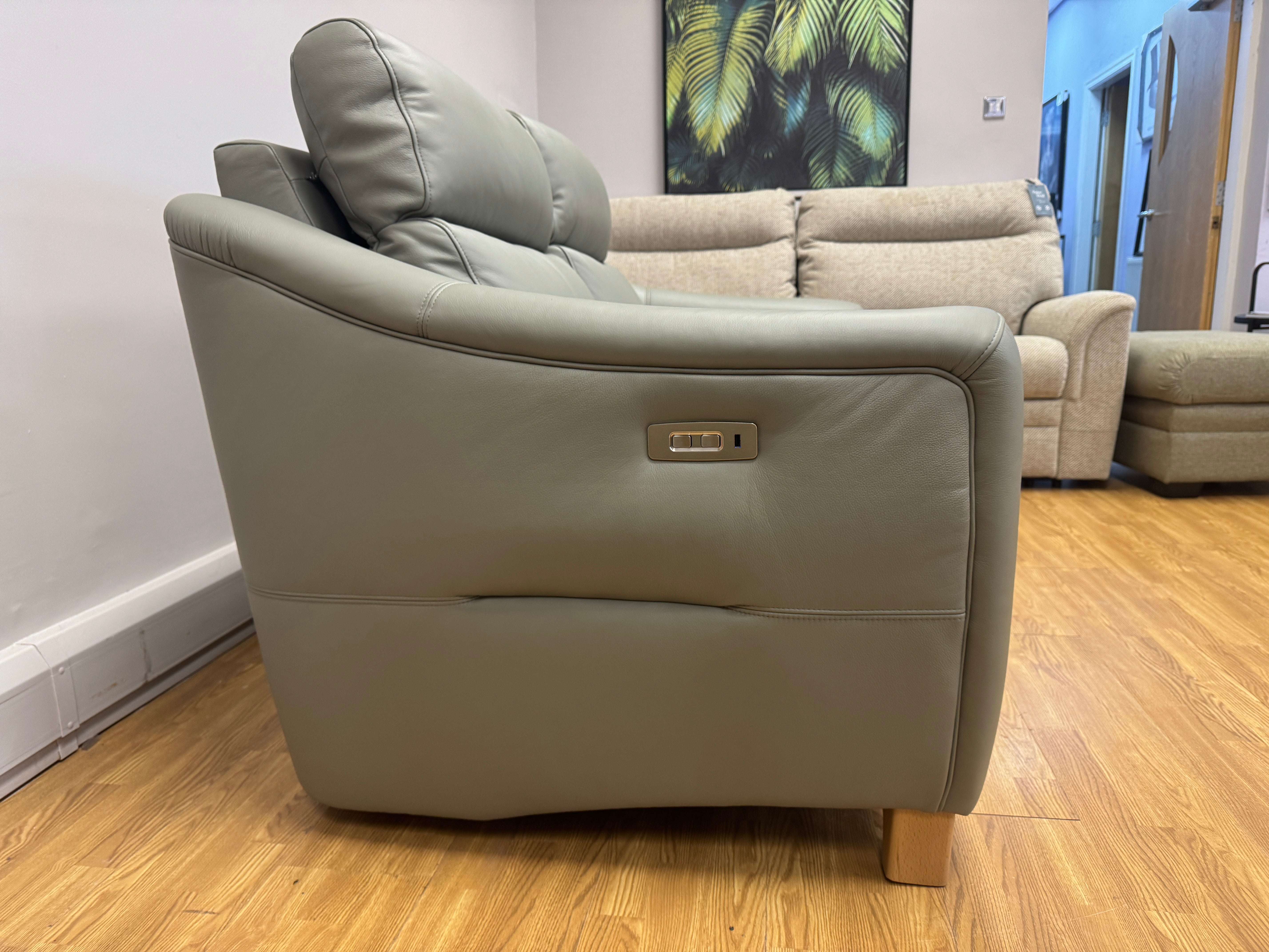 G Plan Monza 2 seater electric reclining sofa in Cambridge Olive/Grey leather