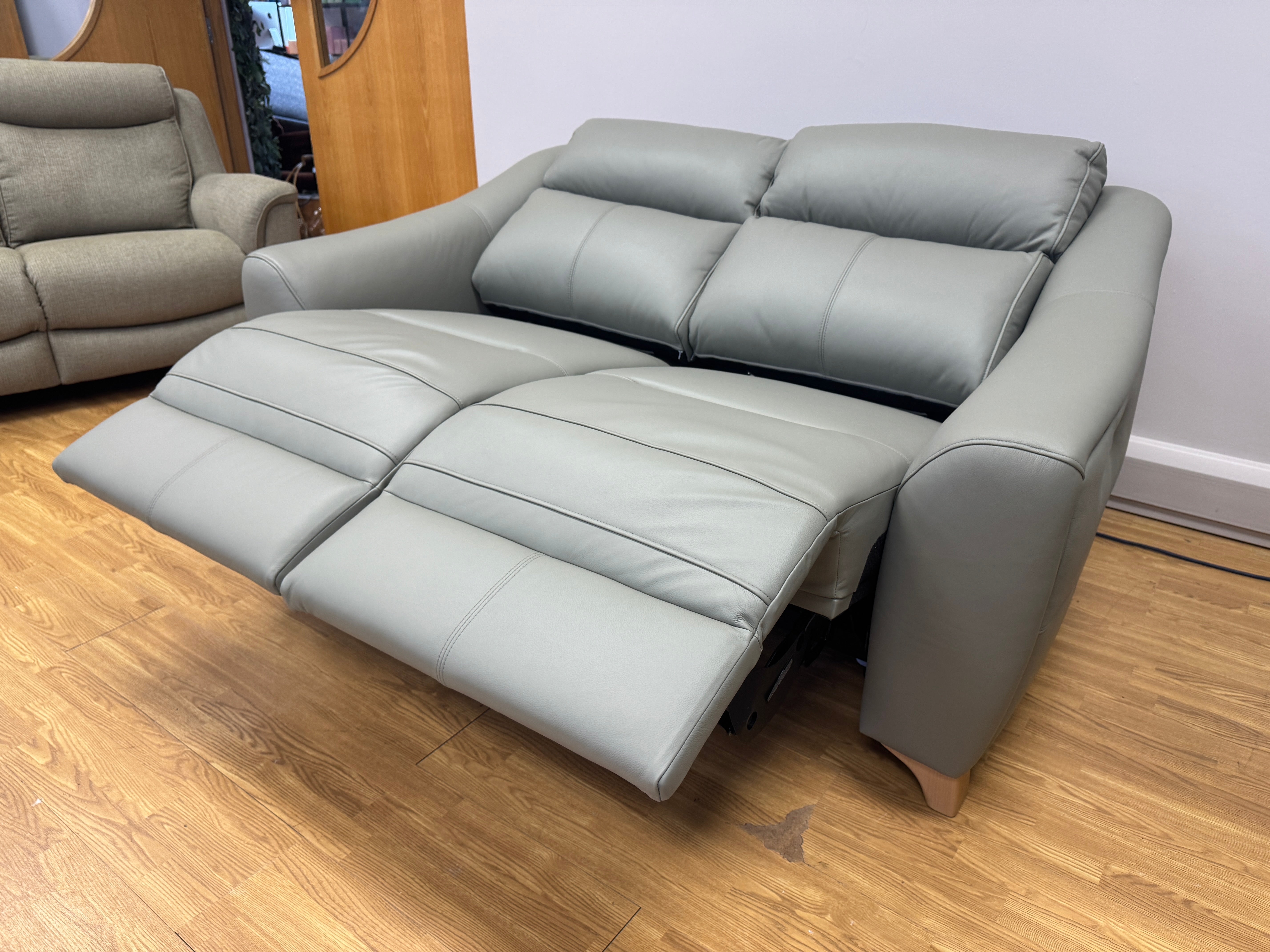 G Plan Monza 2 seater electric reclining sofa in Cambridge Olive/Grey leather