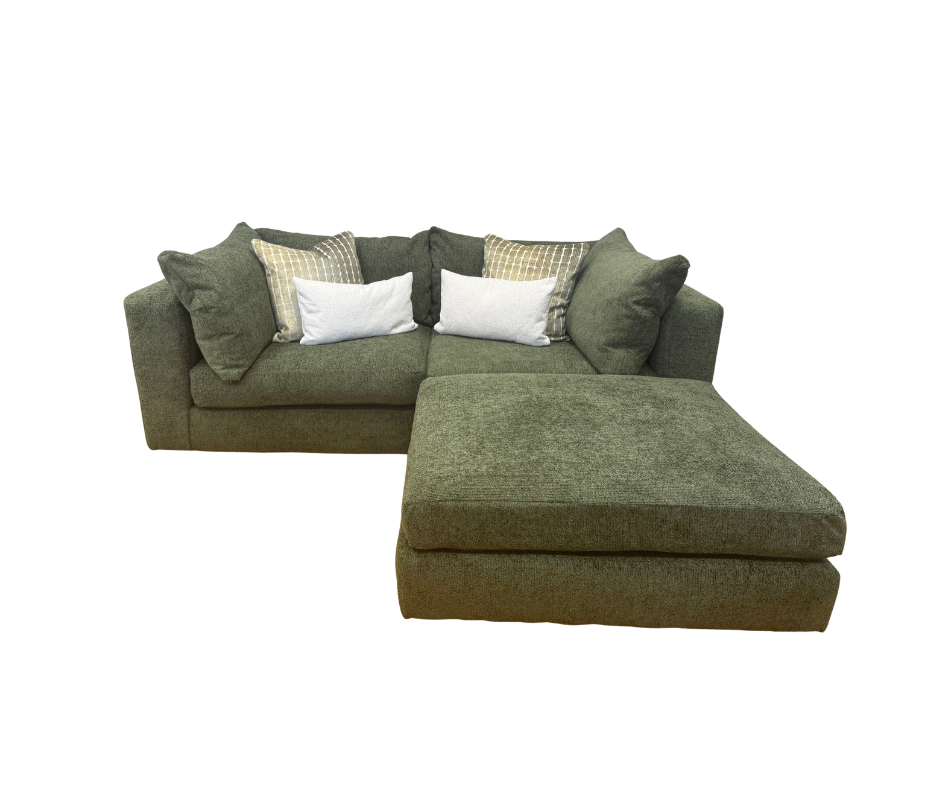 Inka large split 3 seater sofa & footstool in Leo Forest (green) chenille fabric