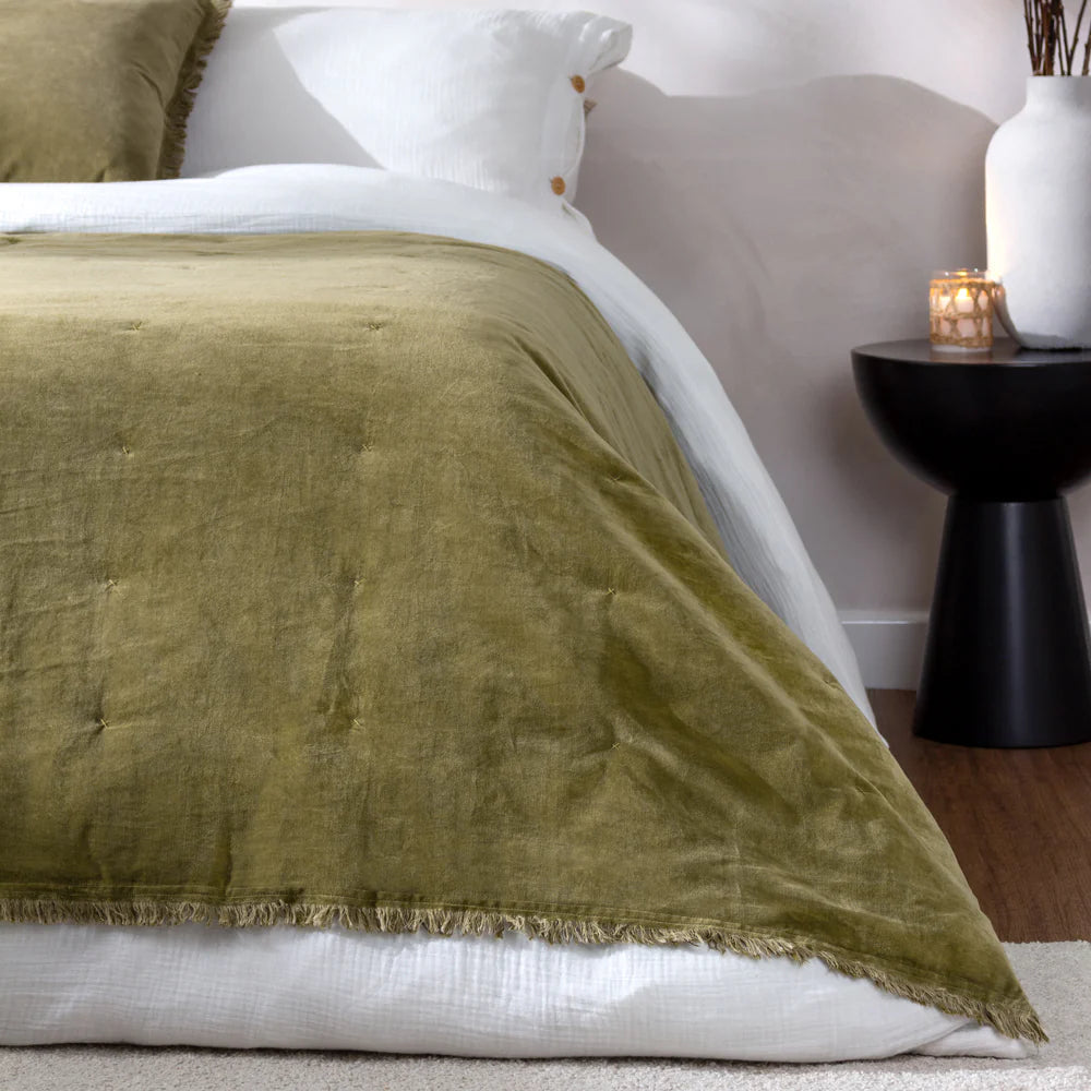 Jaye Cotton Velvet Filled Bedspread in Moss 140 x 220cm