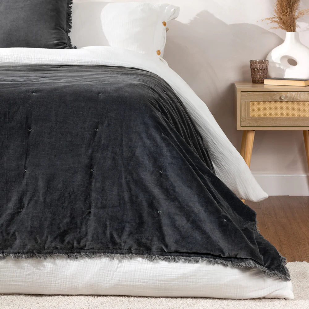 Jaye Cotton Velvet Filled Bedspread in Slate 140 x 220cm