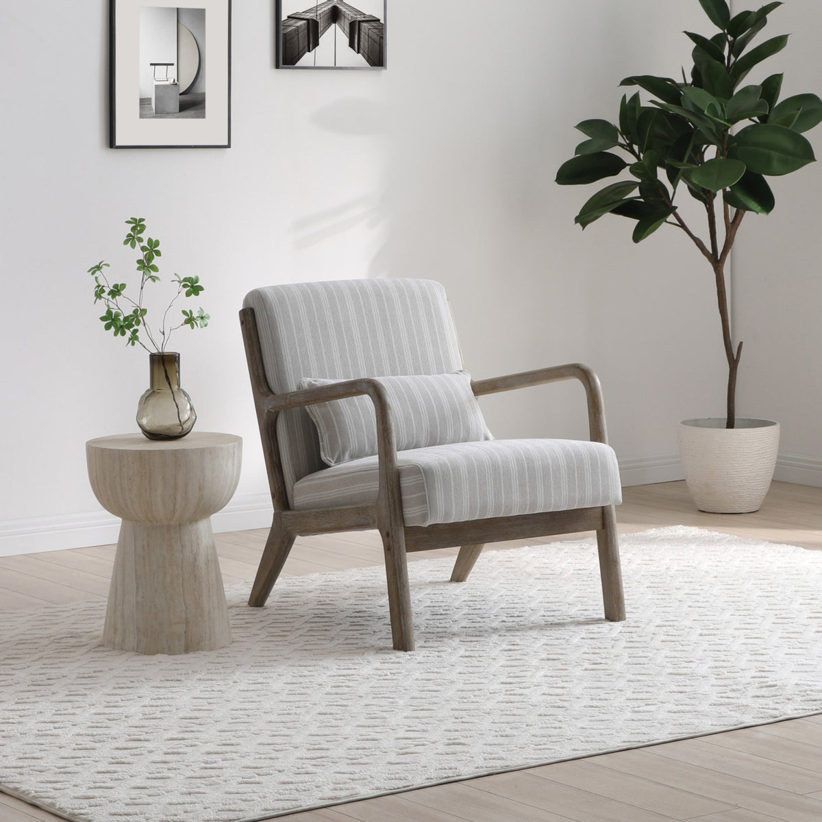 Inca plain accent chair with a light washed wood frame