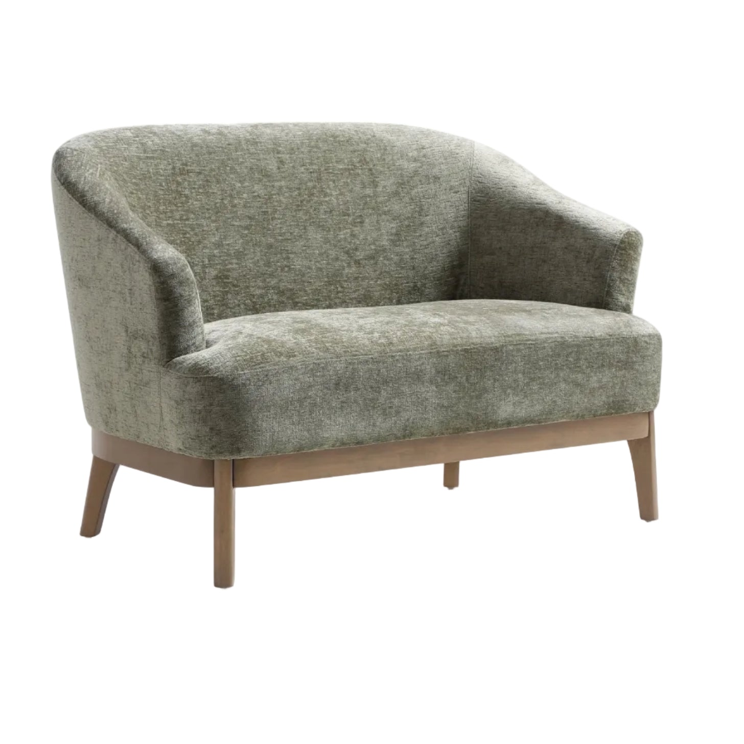 A modern barrel-style armchair upholstered in textured sage green fabric with a light brown wooden frame and legs, shown on a white background.