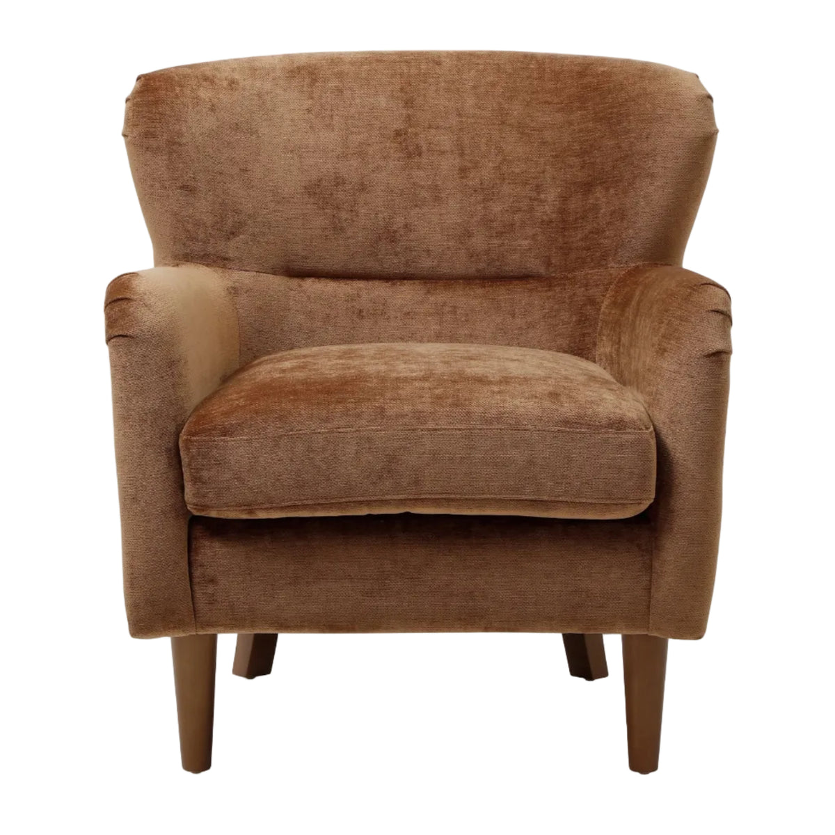 A brown velvet armchair with a high back, wide armrests, and tapered wooden legs, shown against a plain white background.