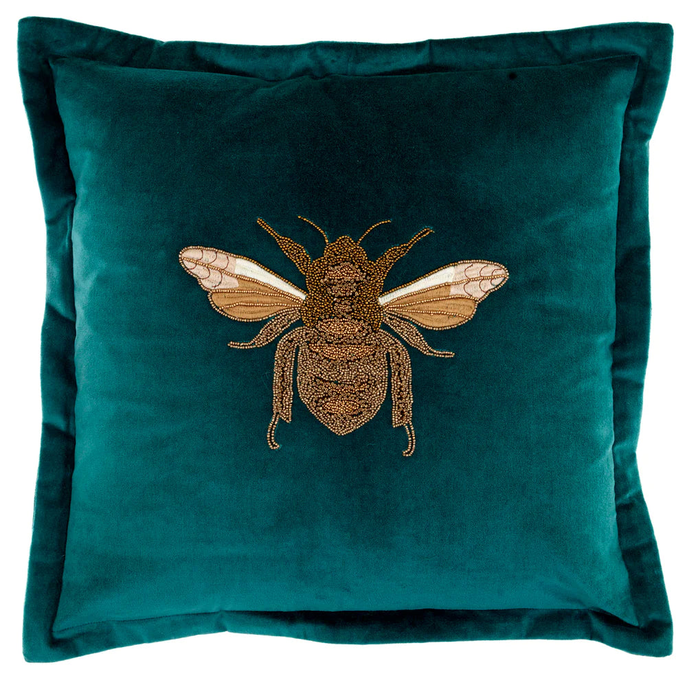Layla Embroidered Bee feather Cushion 50cm x 50cm Teal