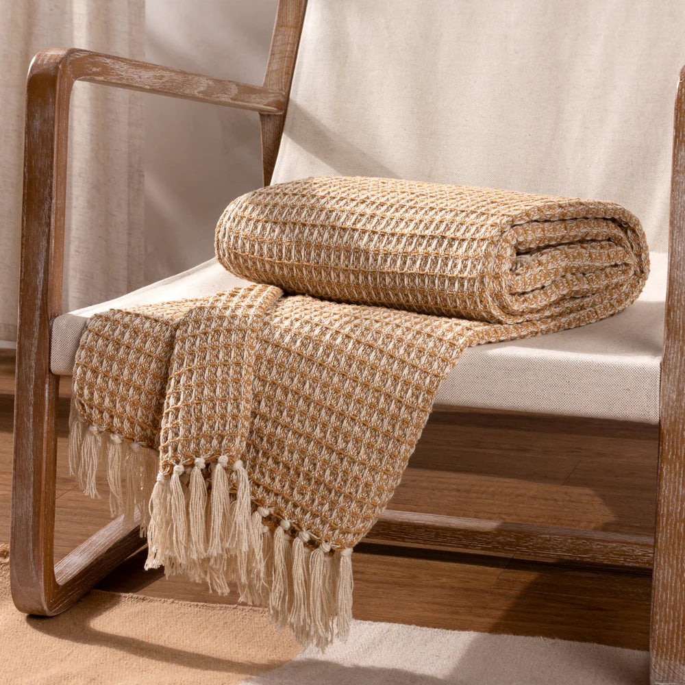 Lorne two tone waffle throw in honey 150 x 200cm