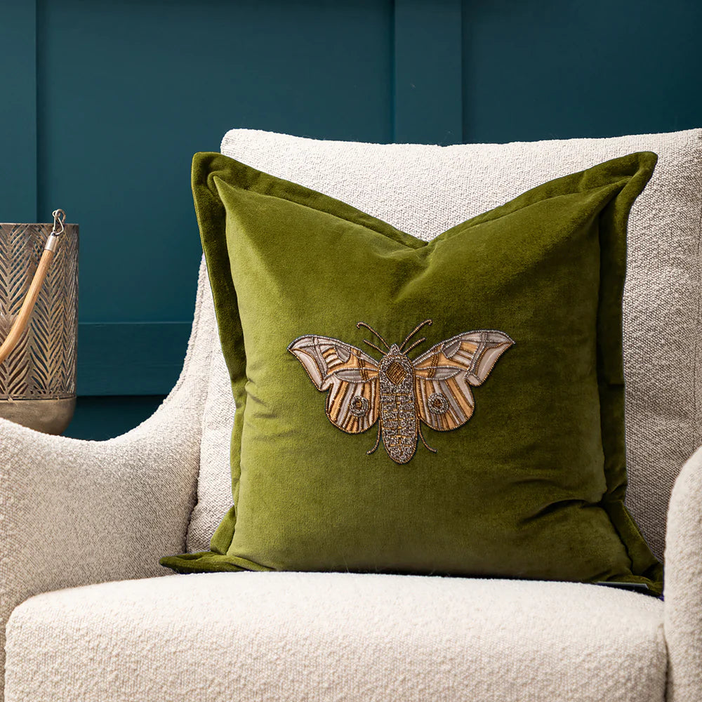 Luna Embroidered Butterfly feather Cushion 50cm x 50cm Green