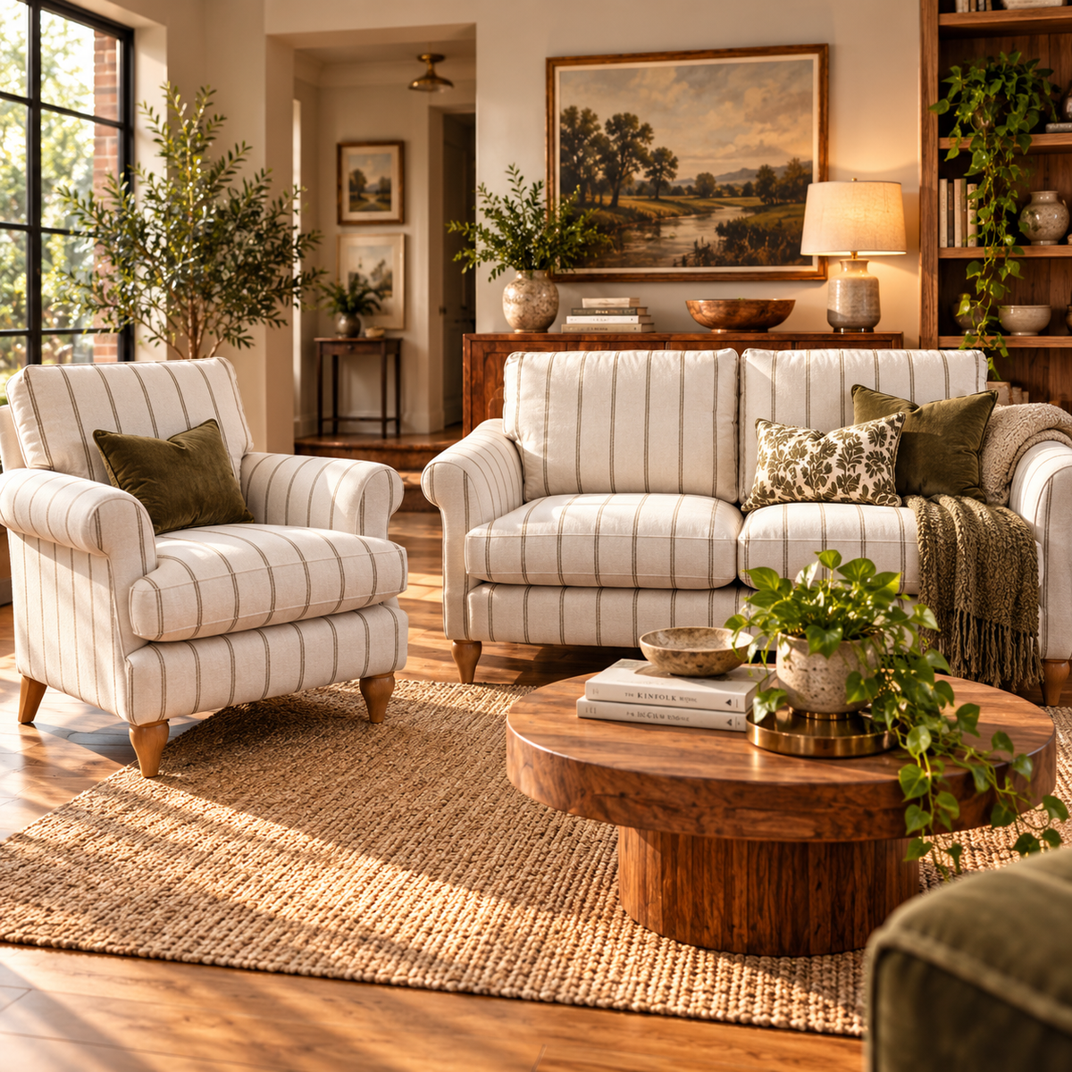 Lacey armchair in natural & honey striped chenille