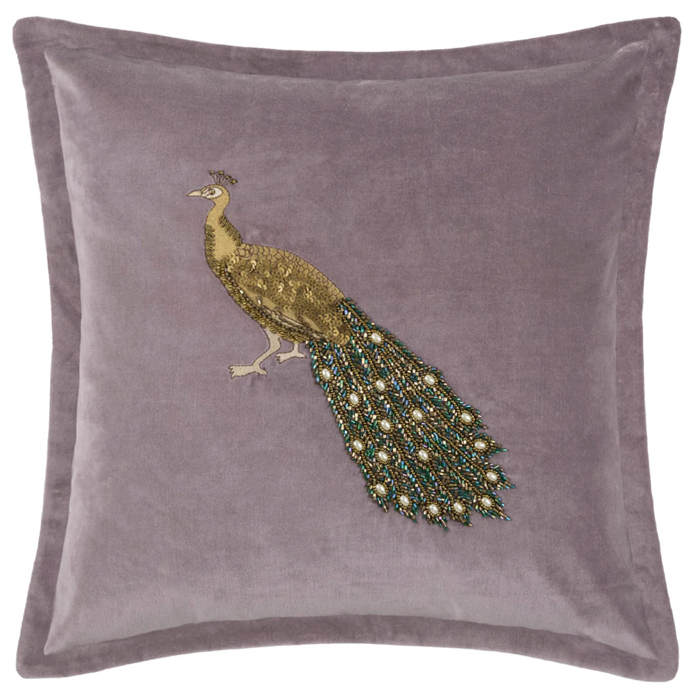 Mayura Embroidered Peacock feather Cushion 55cm x 55cm Lavender
