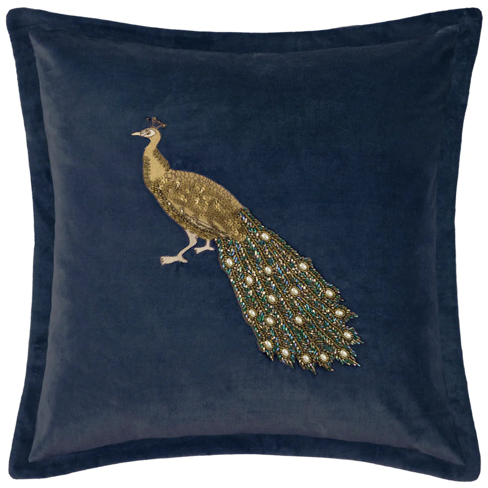 Mayura Embroidered Peacock feather Cushion 55cm x 55cm Midnight