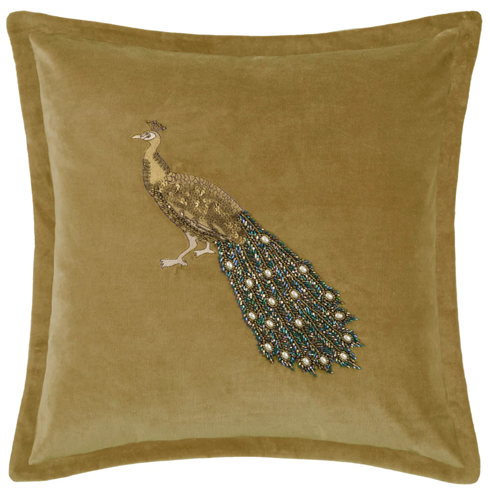 Mayura Embroidered Peacock feather Cushion 55cm x 55cm Mustard