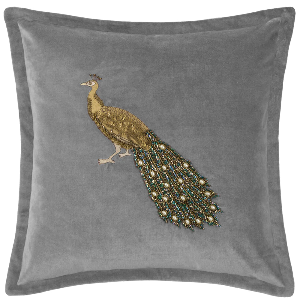 Mayura Embroidered Peacock feather Cushion 55cm x 55cm Steel