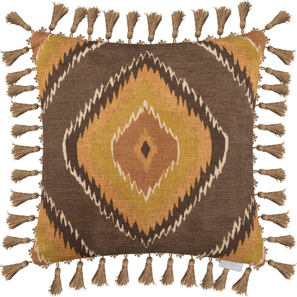 Mika printed feather Cushion with tassels 50cm x 50cm Sepia