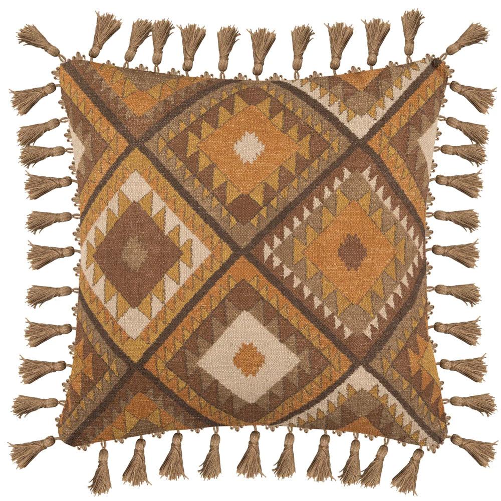 Serrano printed feather Cushion with tassels 50cm x 50cm Sepia