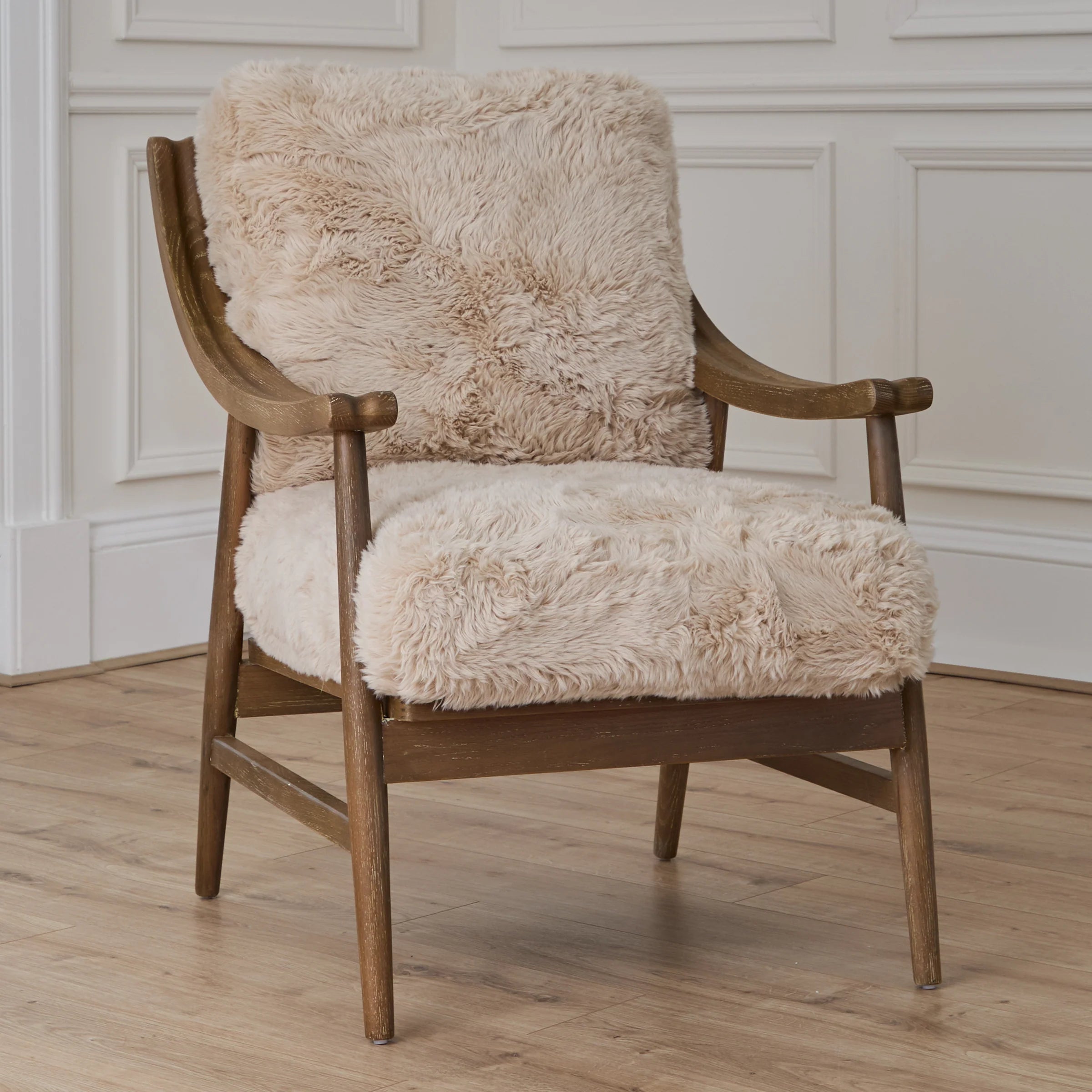 Struan wooden frame accent chair in natural sherpa fabric