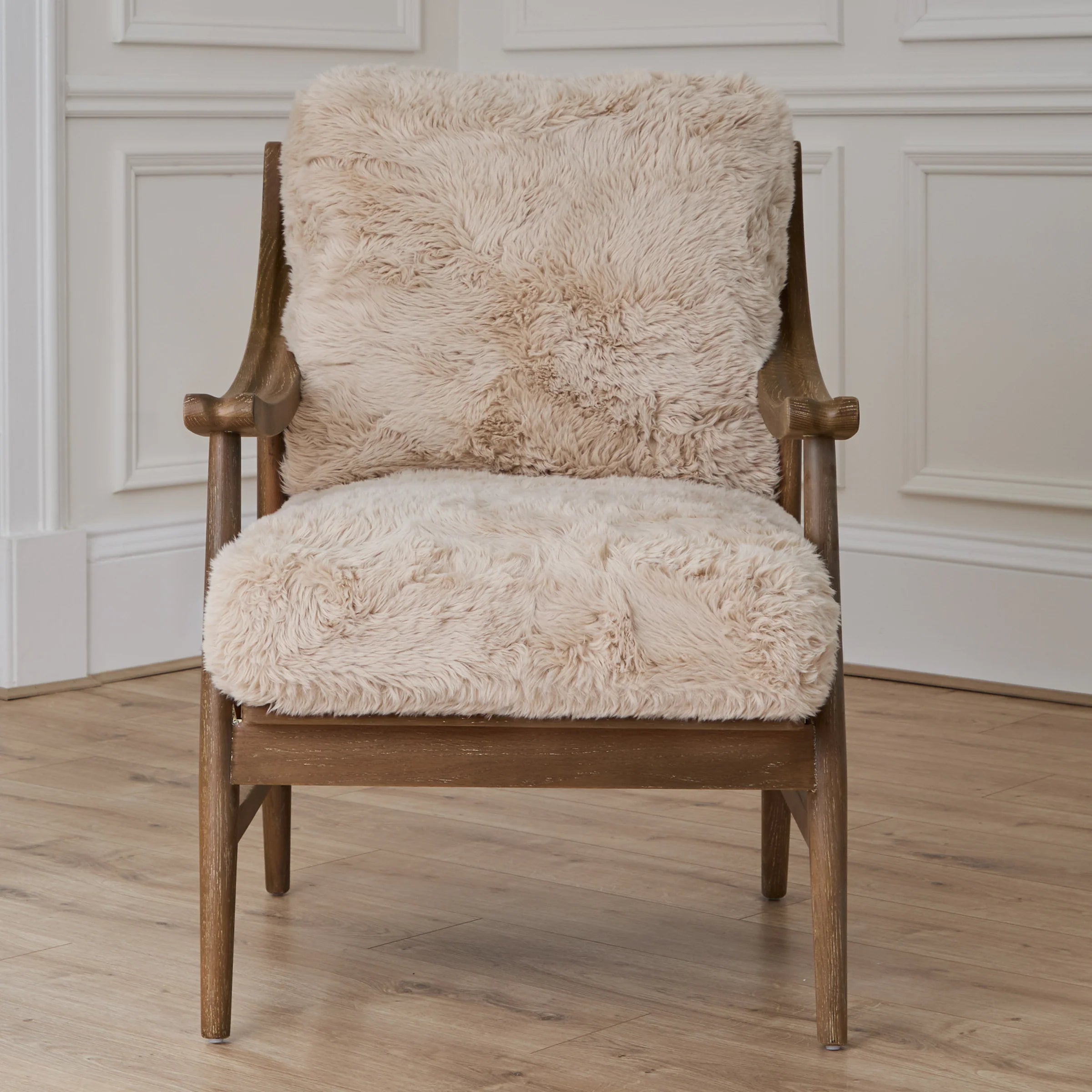 Struan wooden frame accent chair in natural sherpa fabric