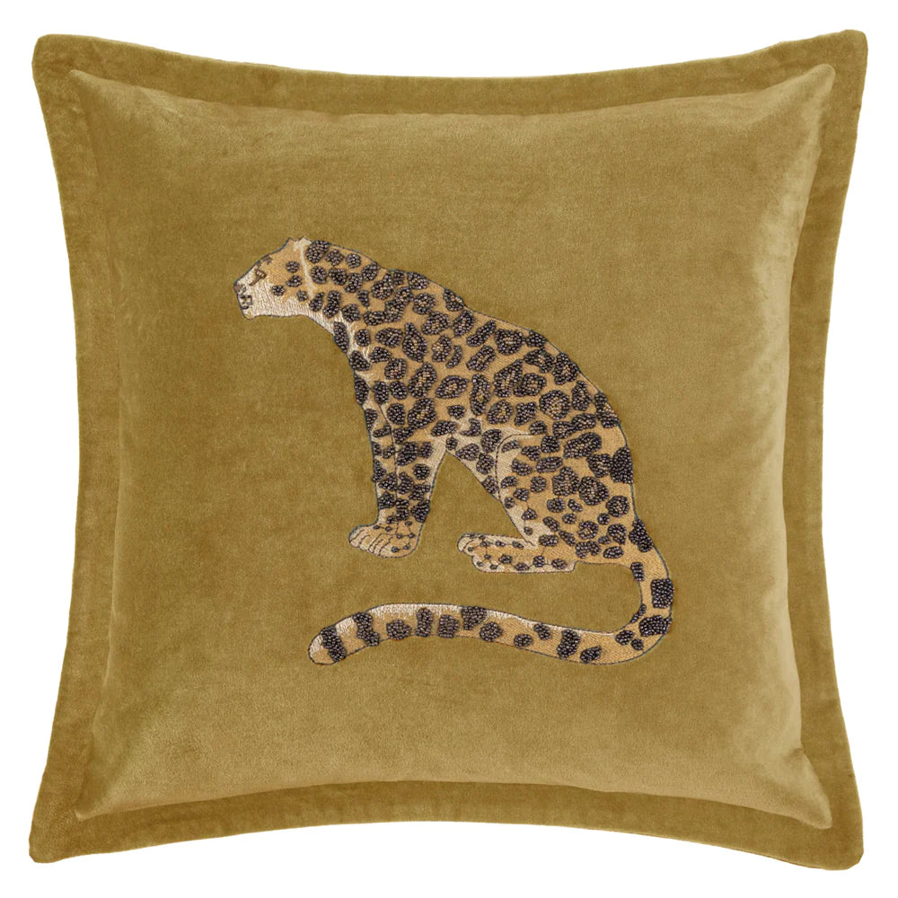 Waghoba Embroidered Leopard feather Cushion 55cm x 55cm Mustard