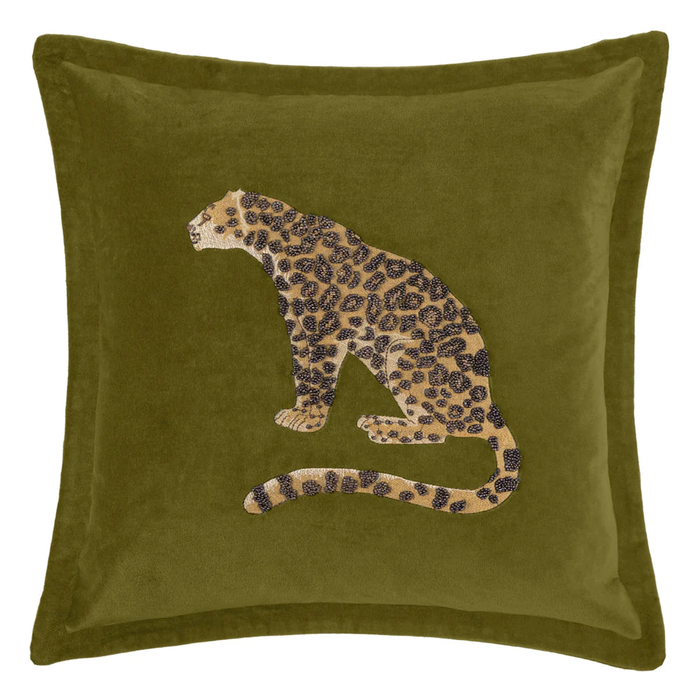Waghoba Embroidered Leopard feather Cushion 55cm x 55cm Olive