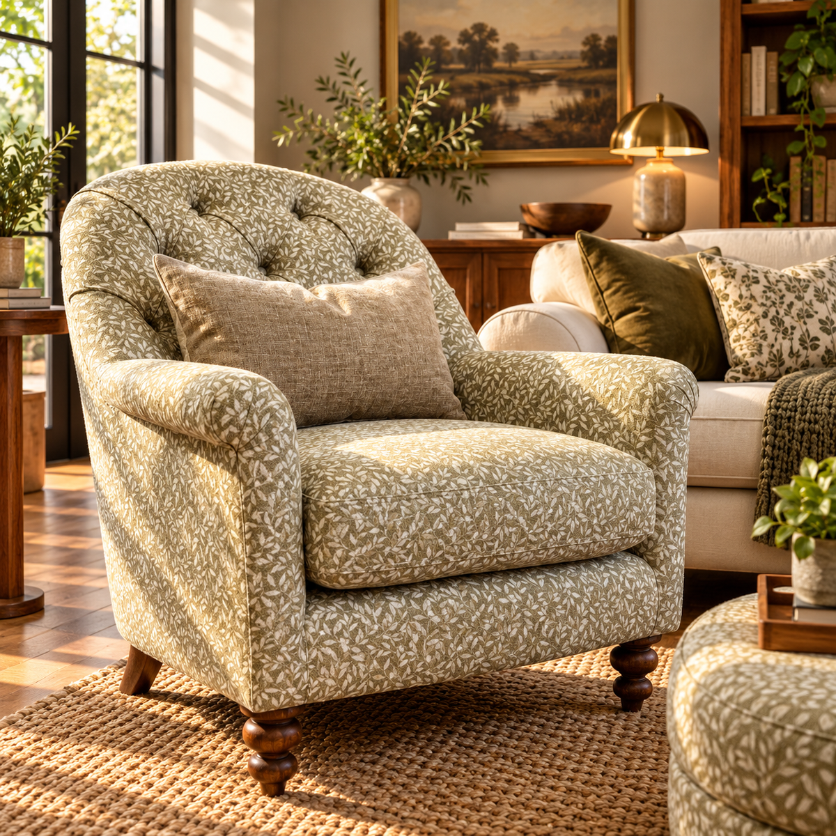 Clover small button back accent chair in Petal stone pattern fabric
