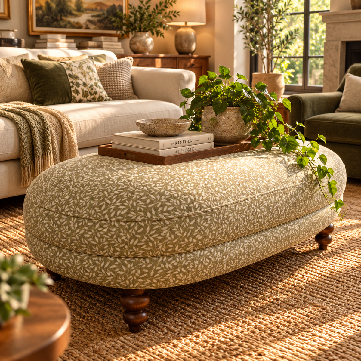 Clover large oval footstool in Petal stone floral fabric
