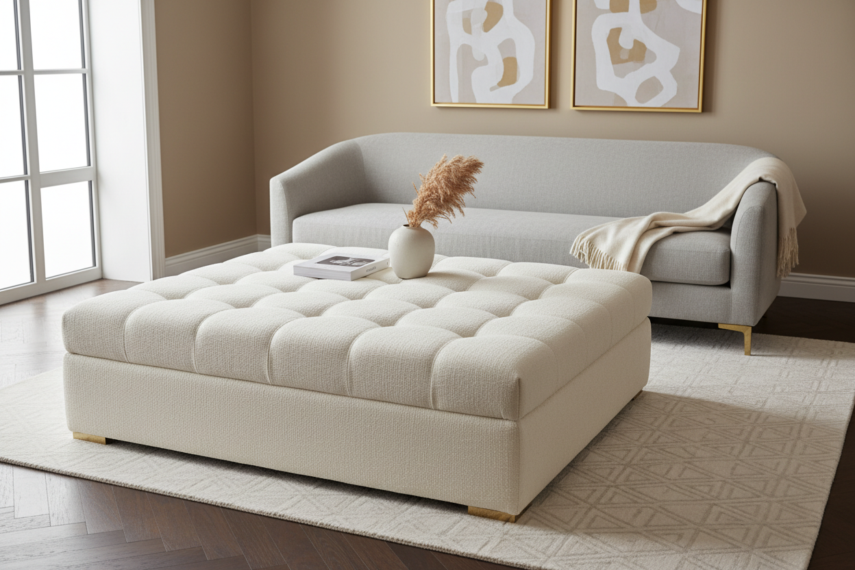 large square button top footstool in front of a sofa