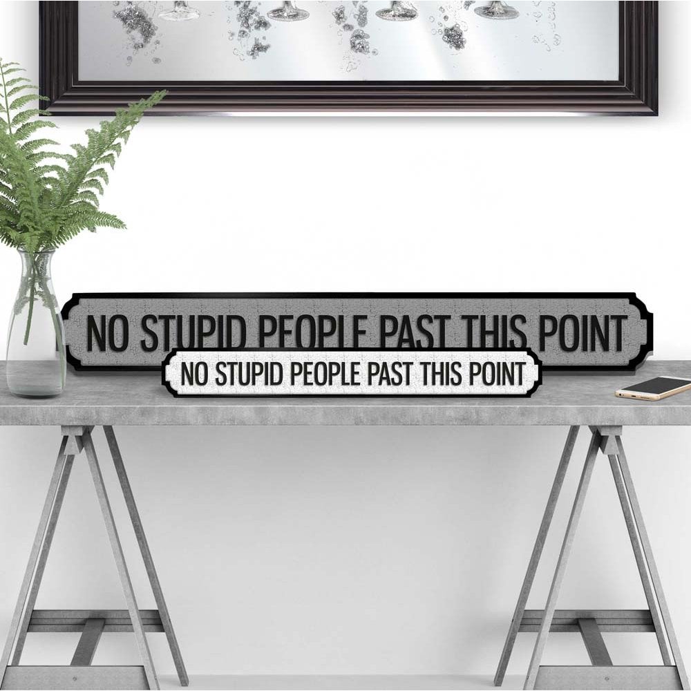 Road Sign Mini NO STUPID PEOPLE PAST THIS POINT White / Black - wooden vintage feel