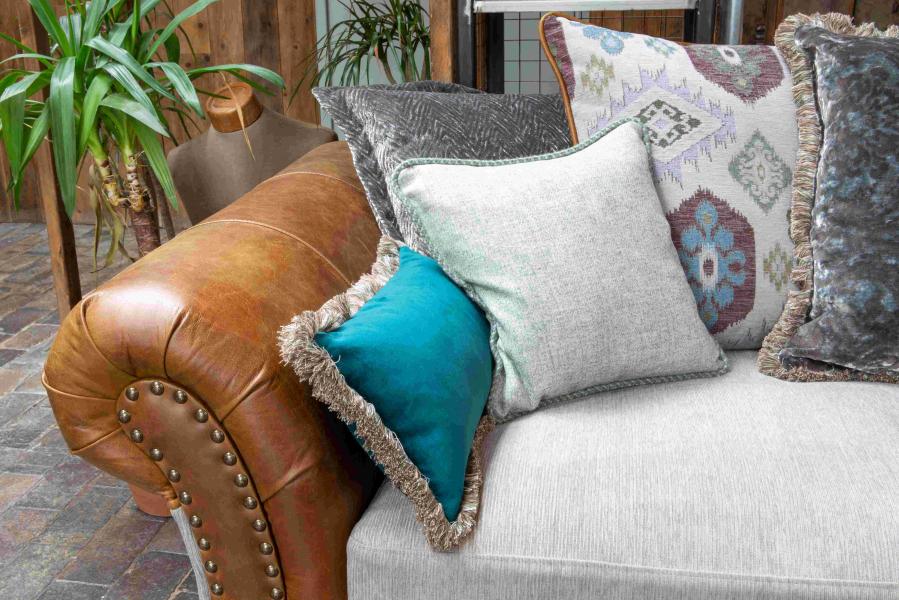 VINTAGE SOFA CO BROMPTON 3 Seater cushion back Sofa in Tan Leather & Manolo fabrics