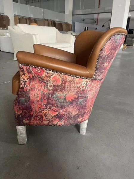 Adam small accent chair in Tan leather & Harrington printed pink velvet