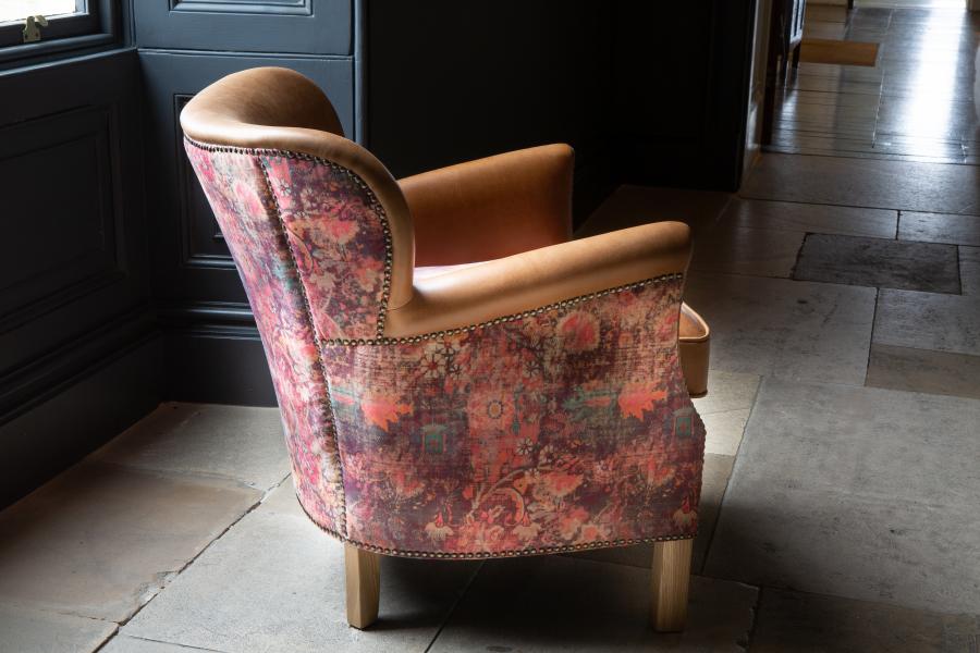 Adam small accent chair in Tan leather & Harrington printed pink velvet