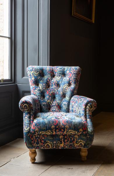 Donegal accent chair in Harrington printed blue velvet