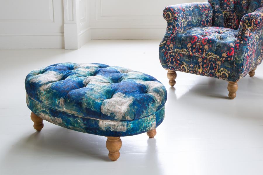 Donegal accent chair in Harrington printed blue velvet