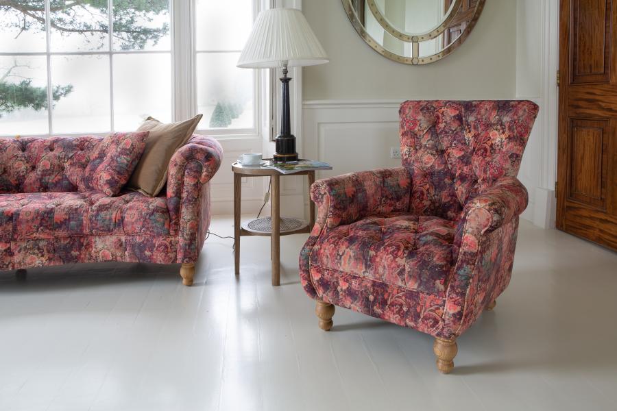 Donegal accent chair in Harrington printed coral pink velvet