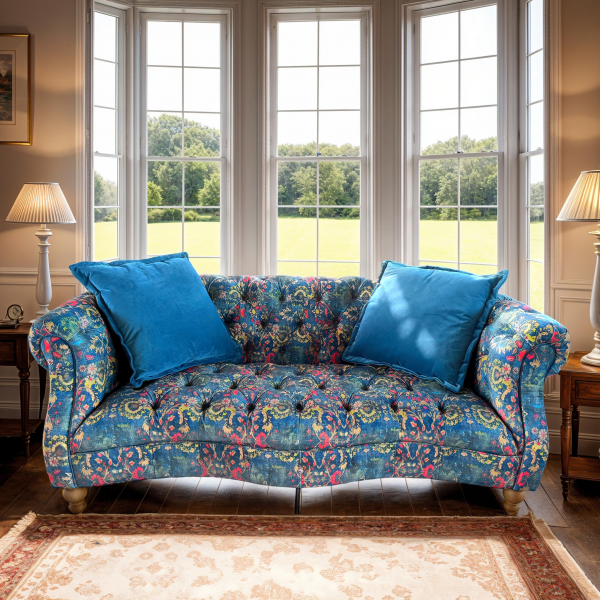 Donegal medium 2 seater Chesterfield sofa in Harrington printed blue velvet