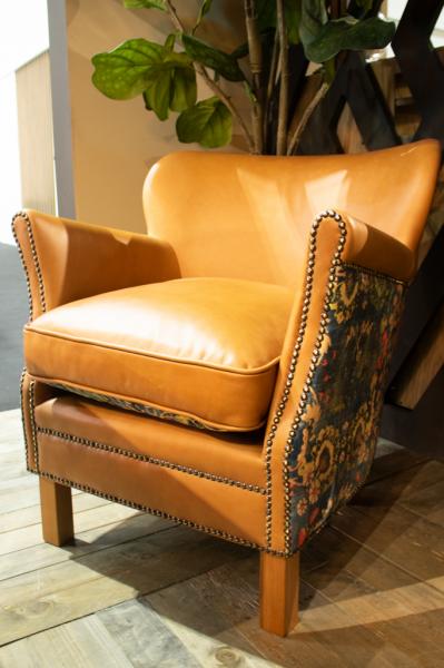 Adam small accent chair in Tan leather & Harrington printed blue velvet