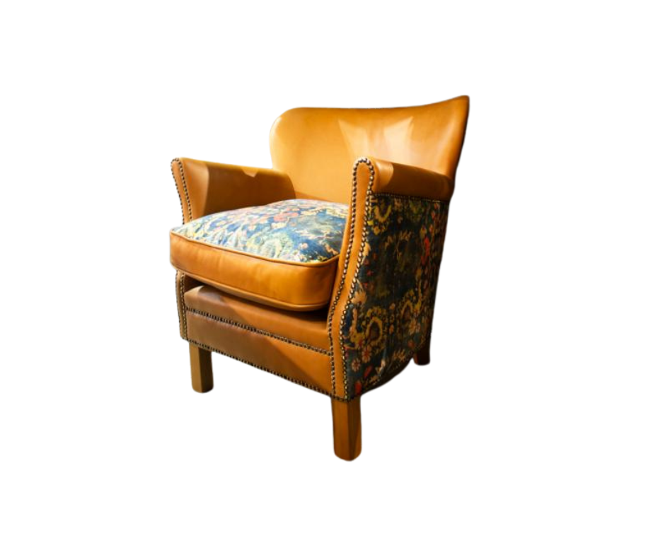 Adam small accent chair in Tan leather & Harrington printed blue velvet