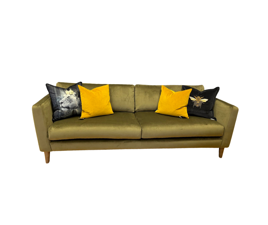 Fern slim arm 4 seater sofa in olive green velvet fabric