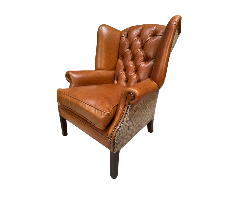 BUCKINGHAM Wing Armchair in Half Dark Caramel Leather & Harris Tweed fabric